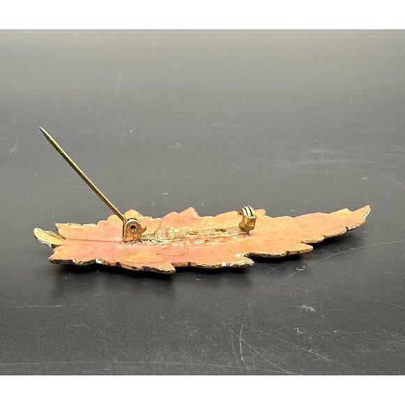 Vintage Autumn Leaf Brooch Pin Enamel on Copper Statement Fall Jewelry Orange - Picture 4 of 8